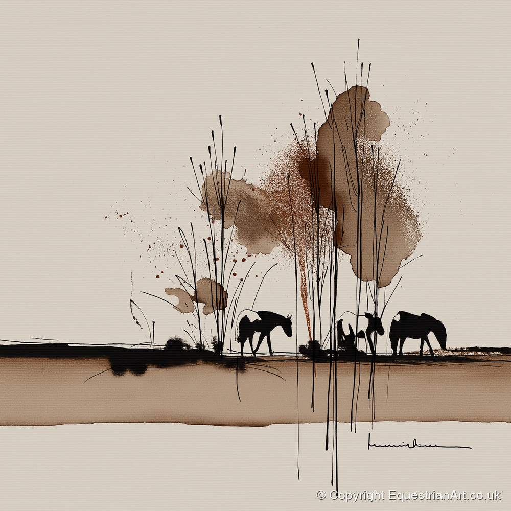 Grazing in Sepia Shadows - horse landscape art print and canvas by Julian Vance A.I