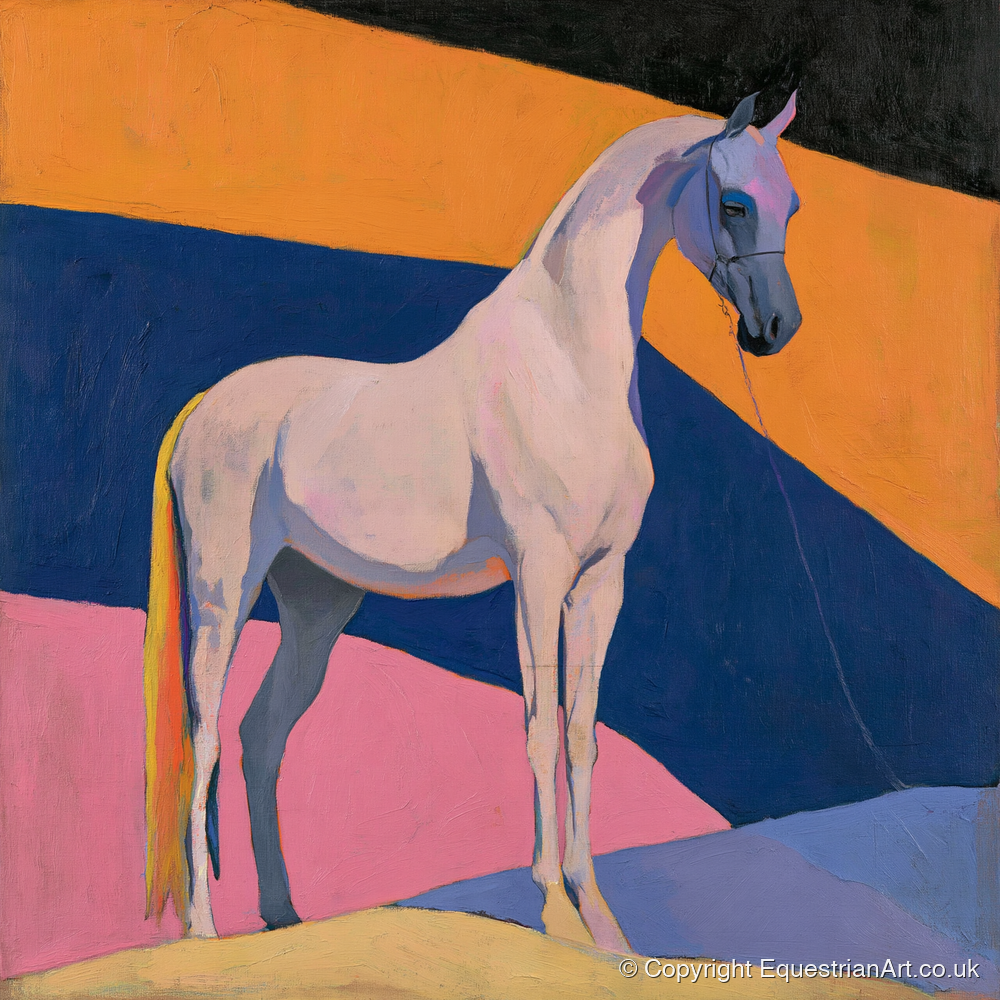 Grey Arabian Against Geometric Colours - horse breed art print and canvas by Helena Ashby A.I
