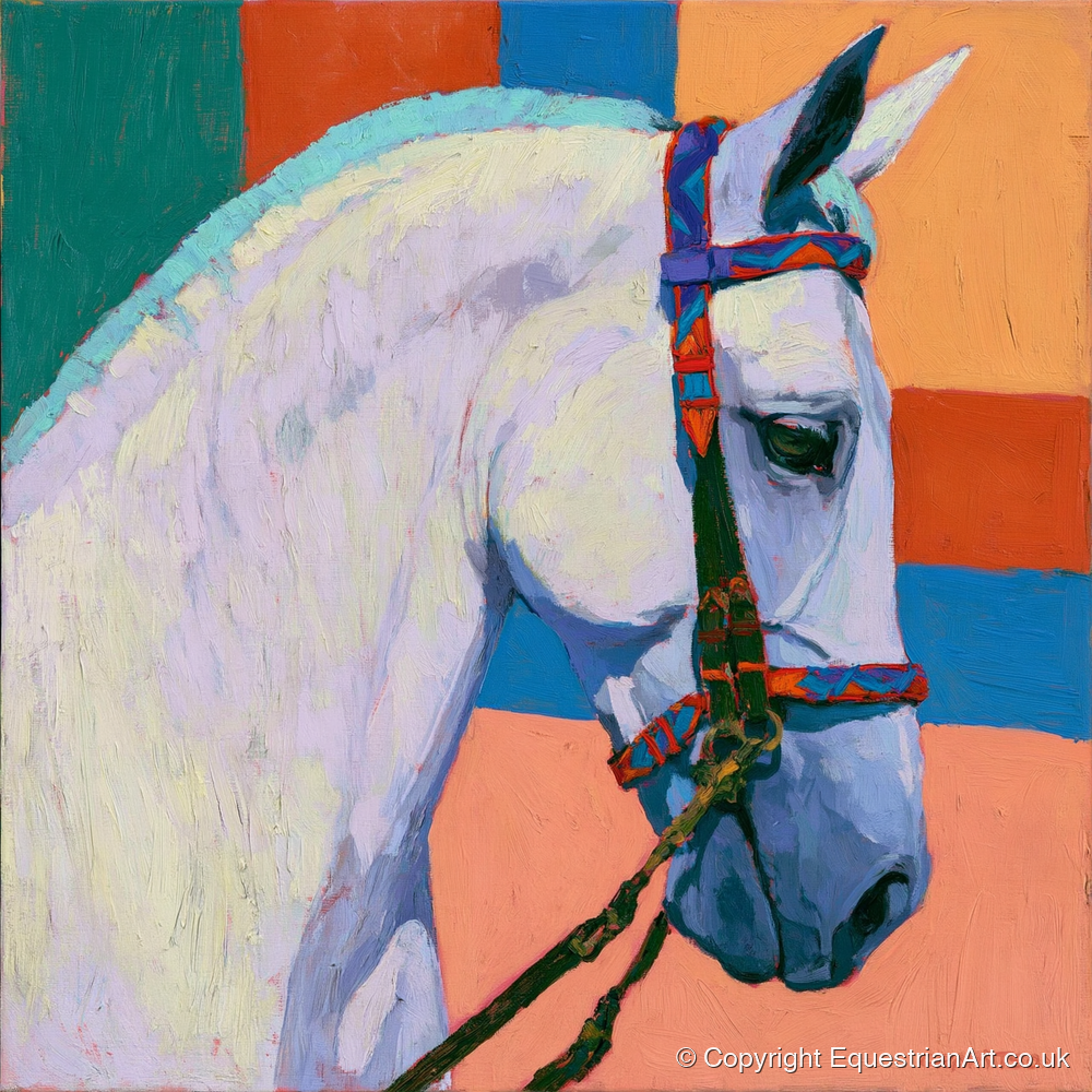 Grey Horse With Patterned Bridle - horse breed art print and canvas by Marshall Davies A.I