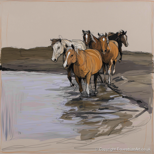 Herd at the Shallows - wild horses art print and canvas by Jasper Montgomery A.I