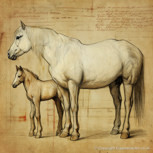 Heritage Mare and Foal Sketch - mare & foal art print and canvas by Albert Loxley A.I