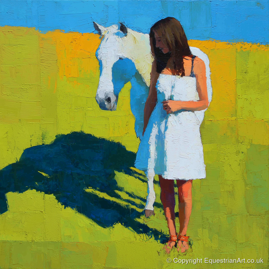 High Summer Shadows - horse & rider art print and canvas by Daphne Morley A.I