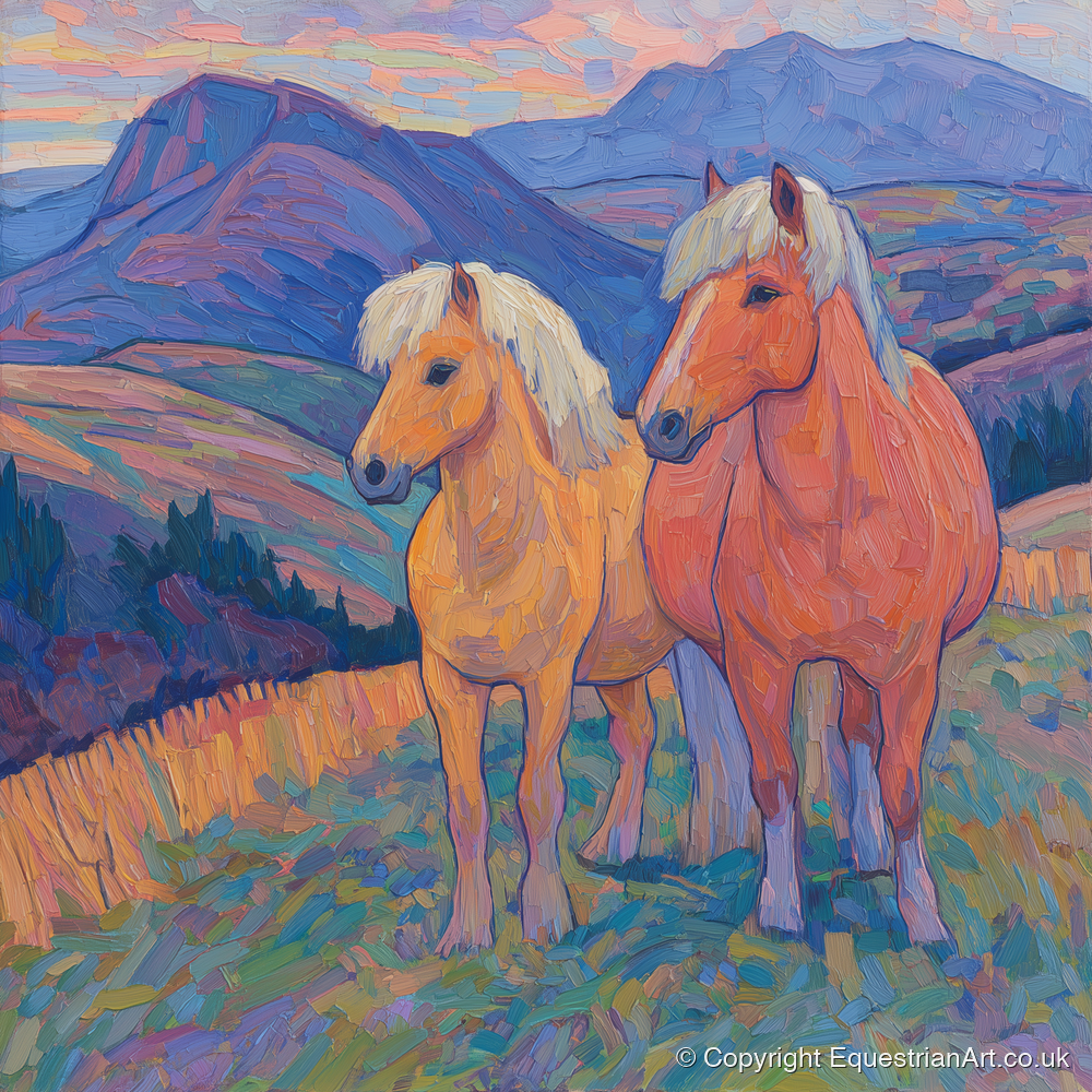 Highland Fjord Companions - horse landscape art print and canvas by Celia Harding A.I