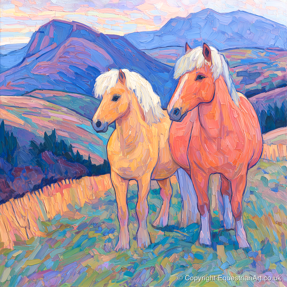Highland Fjord Companions - horse landscape art print and canvas by Celia Harding A.I