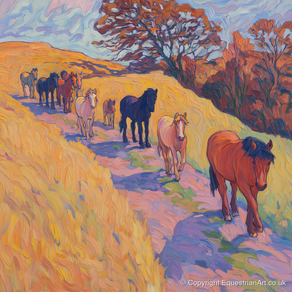Homeward Bound Herd - horse landscape art print and canvas by Celia Harding A.I