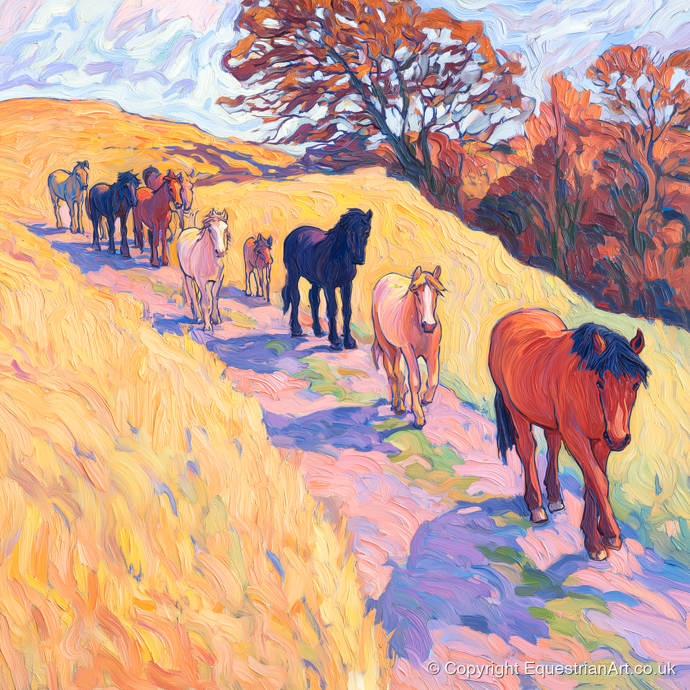 Homeward Bound Herd - horse landscape art print and canvas by Celia Harding A.I