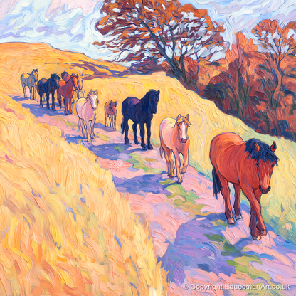 Homeward Bound Herd - horse landscape art print and canvas by Celia Harding A.I