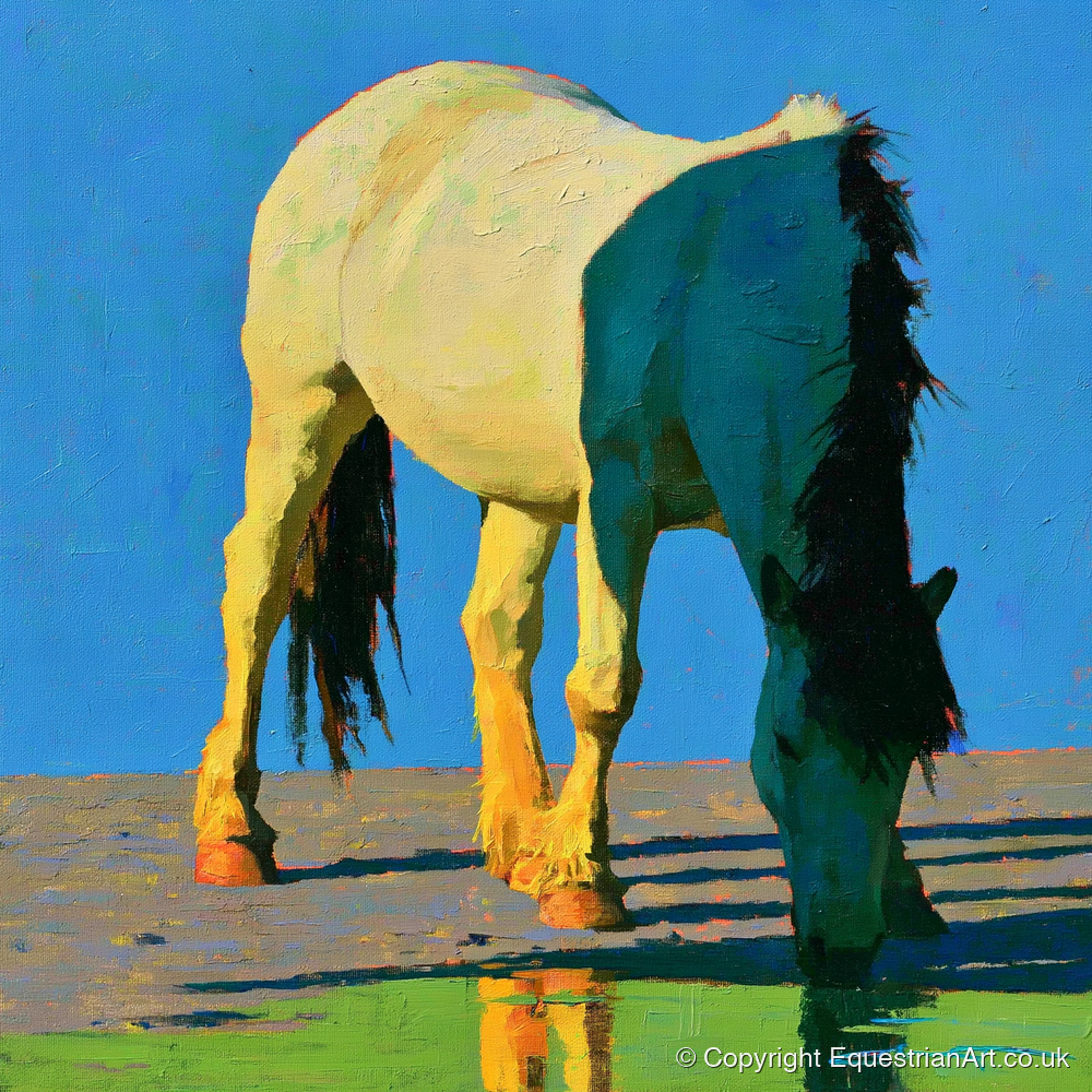 Horse Drinking in Vibrant Light - horse breed art print and canvas by Daphne Morley A.I