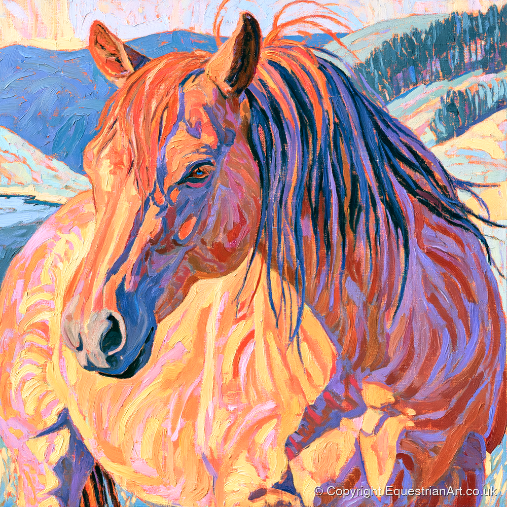 Horse in Vibrant Mountain Snow - horse breed art print and canvas by Celia Harding A.I