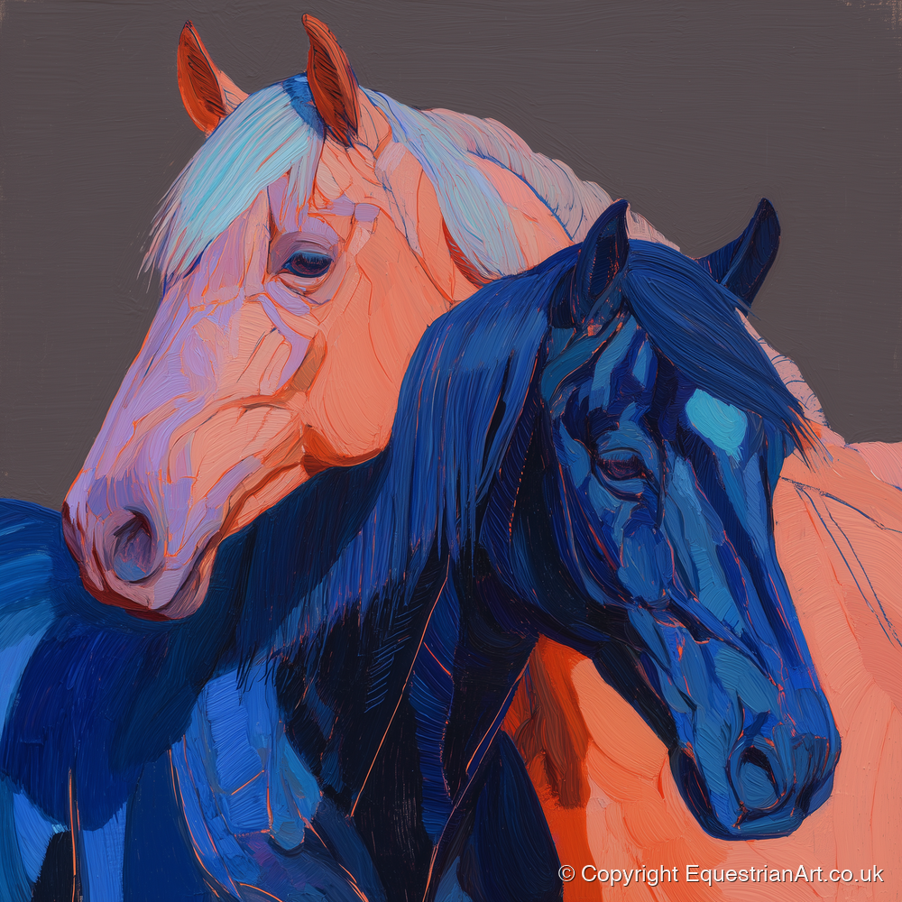 Indigo And Peach Companions - horse landscape art print and canvas by Evander Winslow A.I