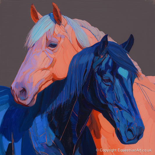 Indigo And Peach Companions - horse landscape art print and canvas by Evander Winslow A.I