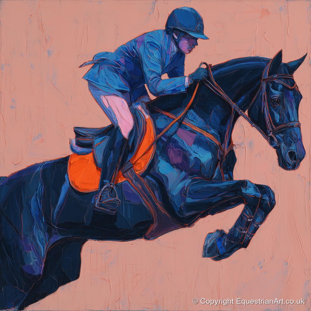 Indigo Ascending - show jumping horse art print and canvas by Evander Winslow A.I