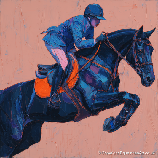 Indigo Ascending - show jumping horse art print and canvas by Evander Winslow A.I
