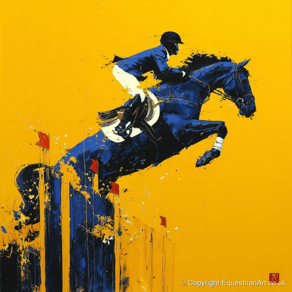 Indigo Ascent - show jumping horse art print and canvas by Lachlan St. Clair A.I