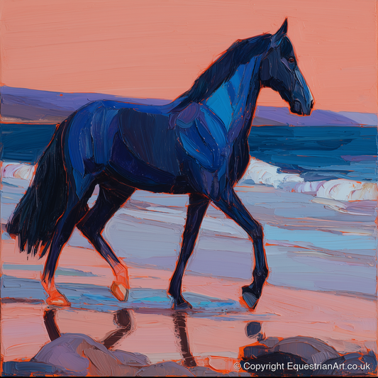 Indigo Beach Stride - horse landscape art print and canvas by Evander Winslow A.I