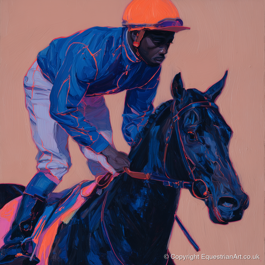 Indigo Charge - racing horse art print and canvas by Evander Winslow A.I