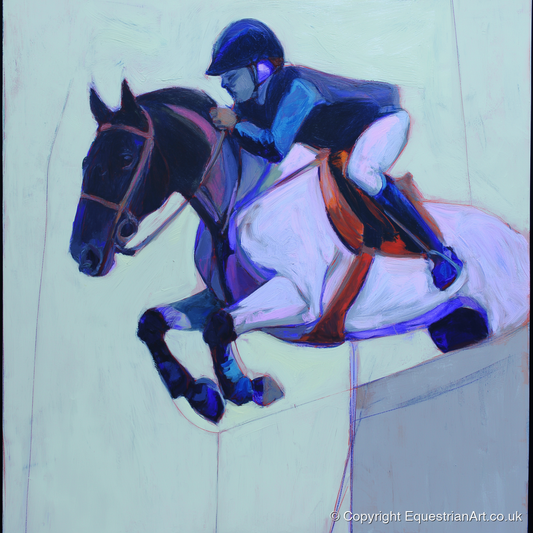 Indigo Flight - show jumping horse art print and canvas by Marcus Vane A.I