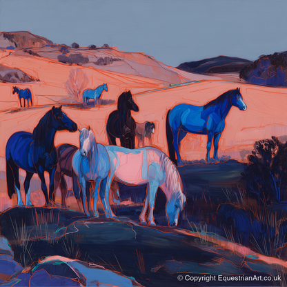 Indigo Herd at Dusk - horse landscape art print and canvas by Evander Winslow A.I