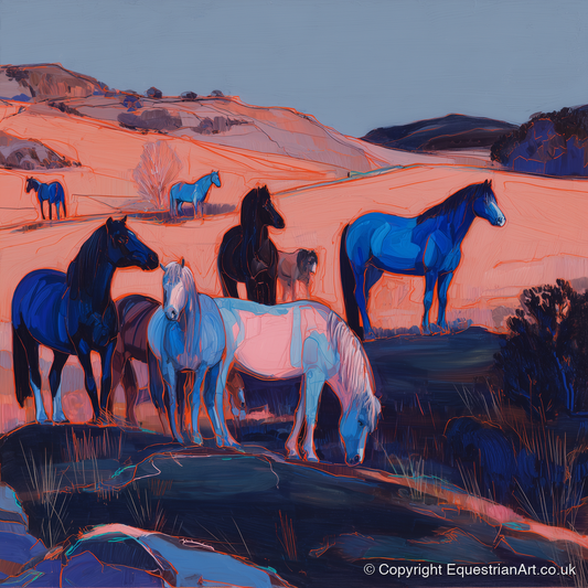 Indigo Herd at Dusk - horse landscape art print and canvas by Evander Winslow A.I