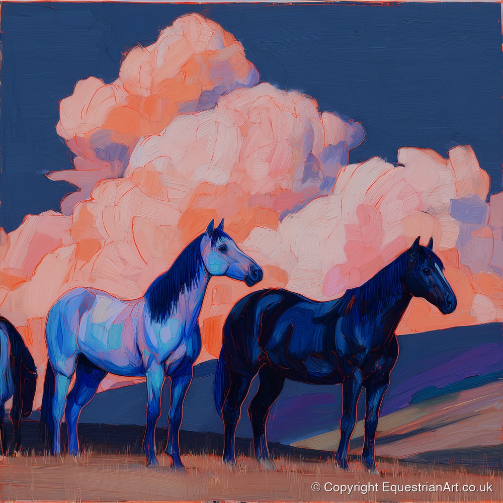 Indigo Horses Beneath Pastel Skies - horse landscape art print and canvas by Evander Winslow A.I