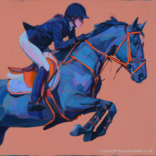 Indigo Leap - show jumping horse art print and canvas by Evander Winslow A.I