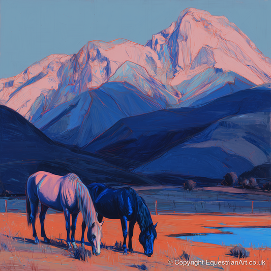 Indigo Mountain Pastures - horse landscape art print and canvas by Evander Winslow A.I