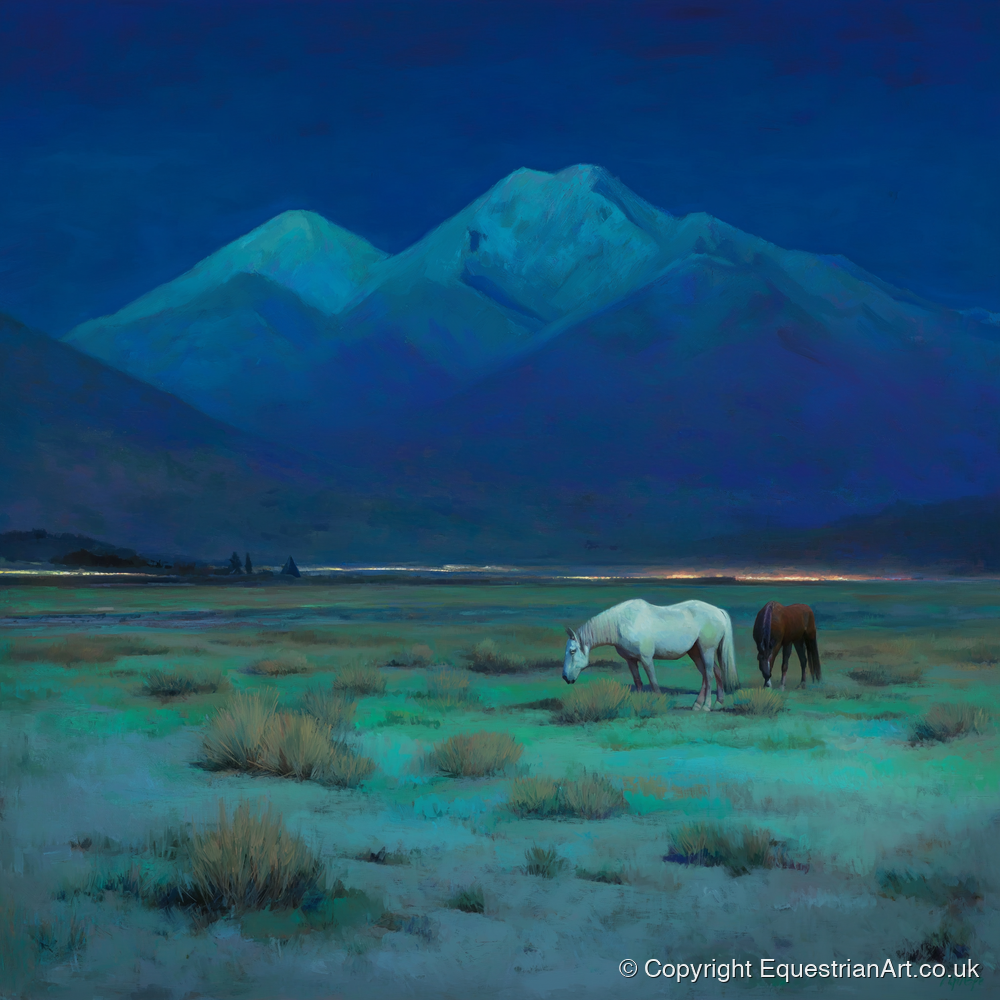Indigo Night Pasture - horse landscape art print and canvas by Raymond Shaw A.I