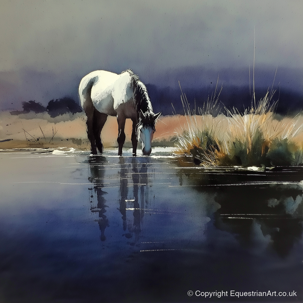 Indigo Reflections - horse landscape art print and canvas by Eleanor Brooks A.I