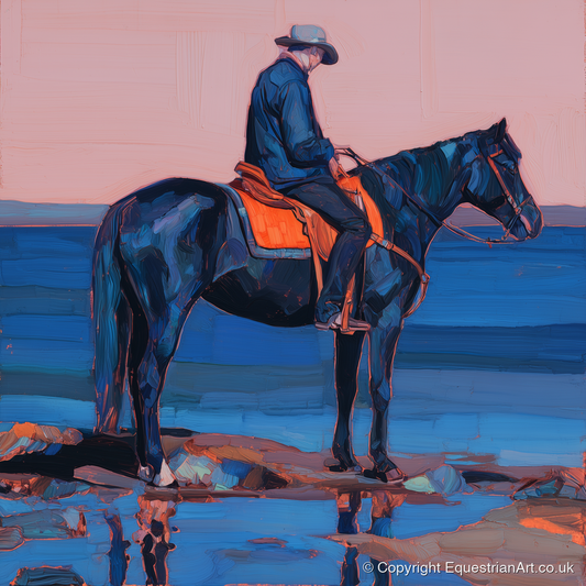 Indigo Shoreline Rider - beach horse art print and canvas by Evander Winslow A.I