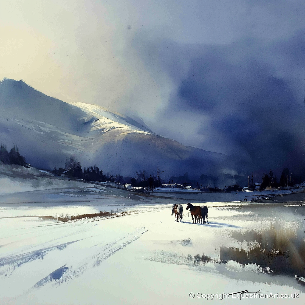 Indigo Winter Valley - horse landscape art print and canvas by Eleanor Brooks A.I