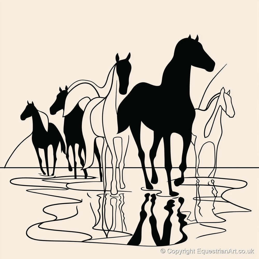 Ink Silhouettes at Water - wild horses art print and canvas by Felix Chambers A.I