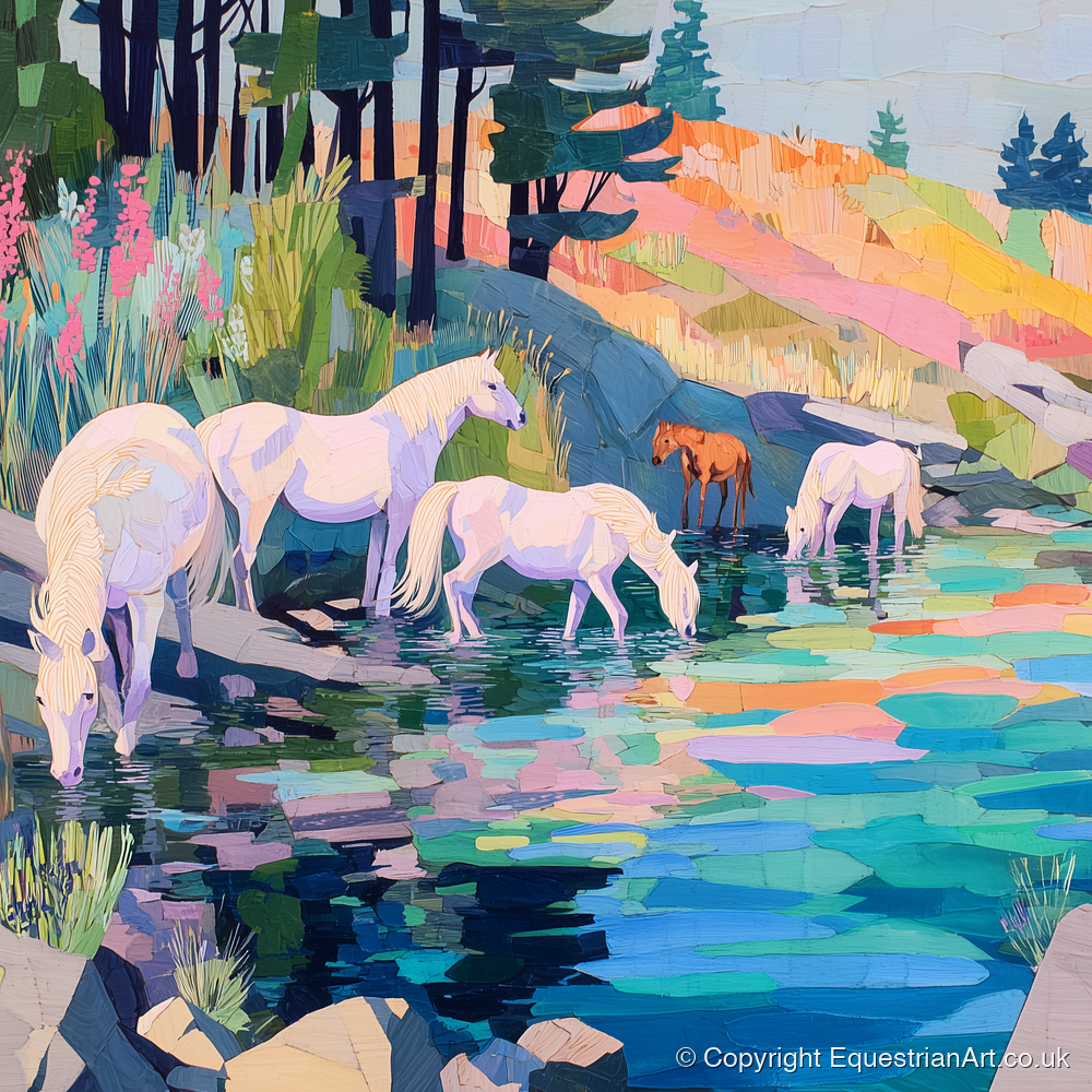 Kaleidoscope Watering Hole - wild horses art print and canvas by Sylvia Carmichael A.I