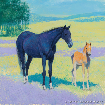 Lavender Meadow Bond - mare & foal art print and canvas by Imogen Spencer A.I