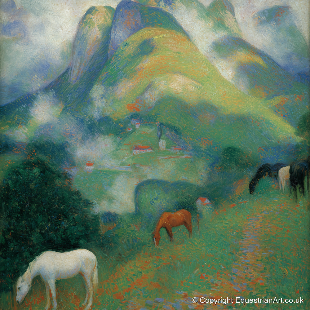 Luminous Alpine Valley - horse landscape art print and canvas by Ambrose Keating A.I
