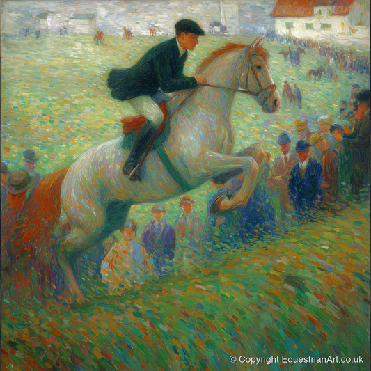 Luminous Grey in Flight - show jumping horse art print and canvas by Ambrose Keating A.I
