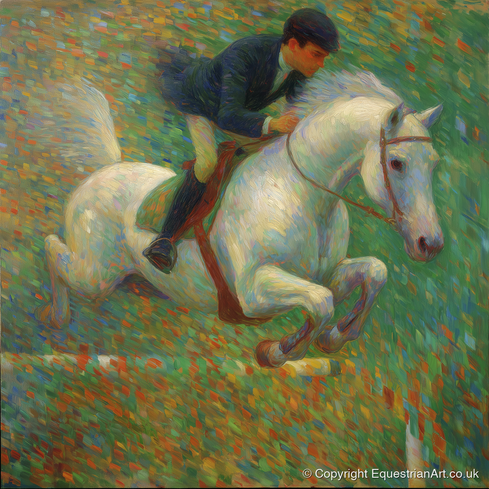 Luminous Jumping Grey - show jumping horse art print and canvas by Ambrose Keating A.I