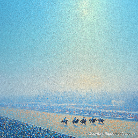Luminous Morning Race - racing horse art print and canvas by Sienna Radcliffe A.I