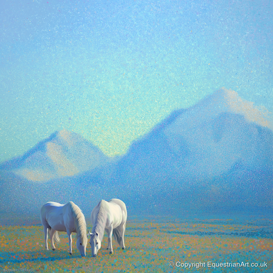 Luminous Mountain Pasture - horse landscape art print and canvas by Sienna Radcliffe A.I