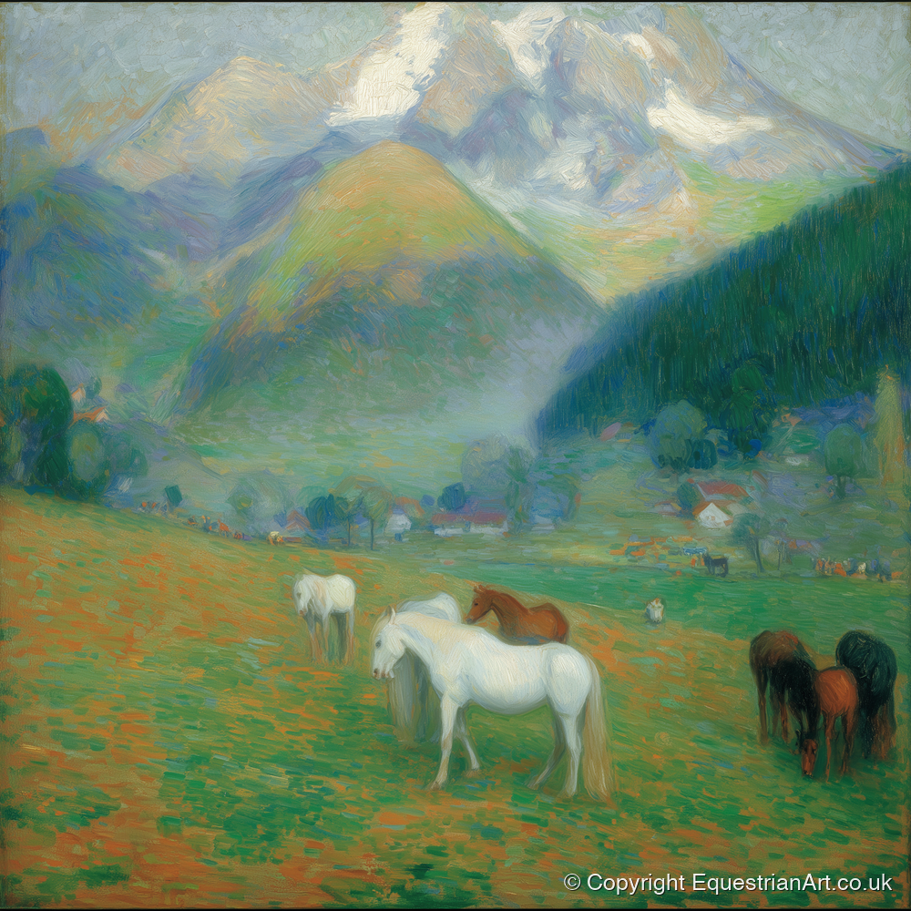 Luminous Mountain Pastures - horse landscape art print and canvas by Ambrose Keating A.I