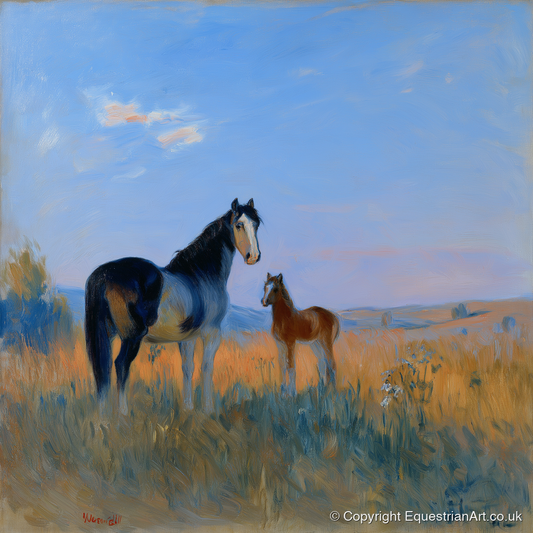 Luminous Pasture Bond - mare & foal art print and canvas by Gabriel Hayes A.I