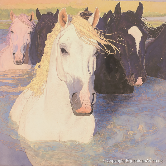 Luminous River Herd - wild horses art print and canvas by Isobel Hawthorn A.I