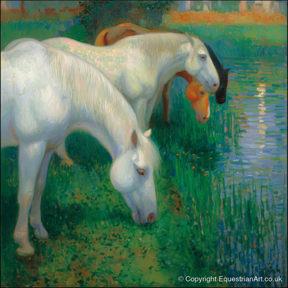 Luminous Riverside Grazing - horse landscape art print and canvas by Ambrose Keating A.I