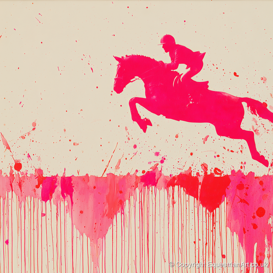 Magenta Flight - show jumping horse art print and canvas by Camilla Royston A.I