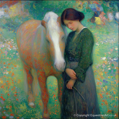 Meadow's Embrace - horse & rider art print and canvas by Ambrose Keating A.I