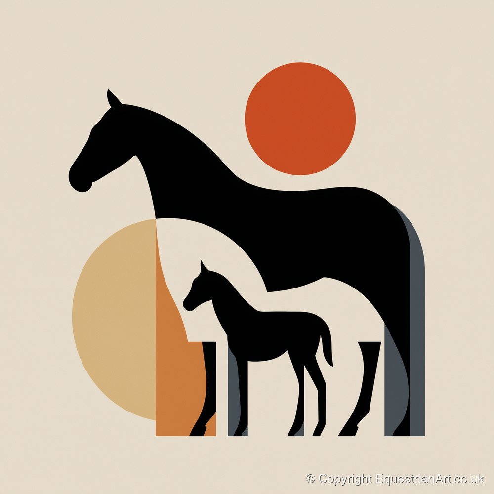 Mid-Century Mare and Foal - mare & foal art print and canvas by Oliver Tate A.I