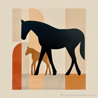 Mid-Century Maternal Bond - mare & foal art print and canvas by Oliver Tate A.I