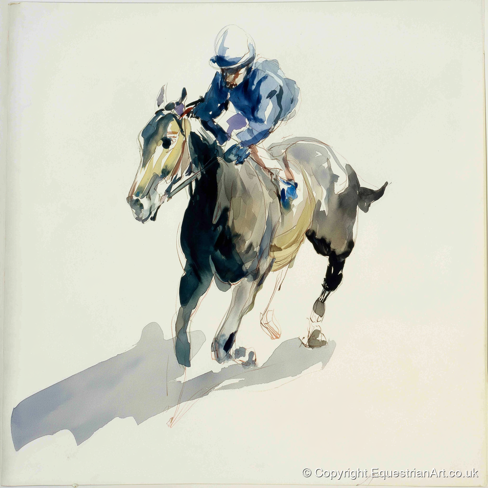 Mid-Stride in Indigo - racing horse art print and canvas by Beatrice Langley A.I