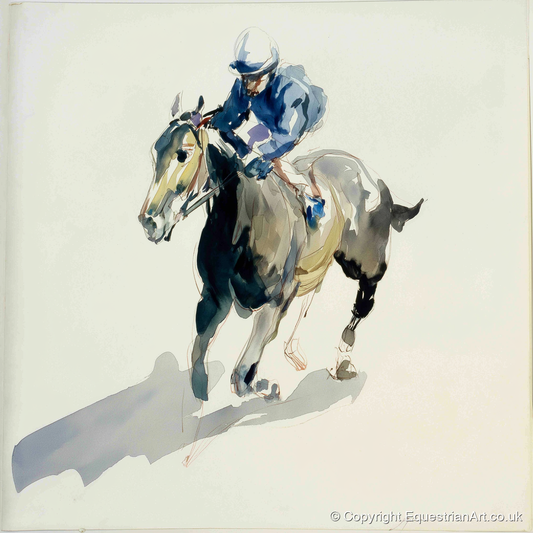 Mid-Stride in Indigo - racing horse art print and canvas by Beatrice Langley A.I