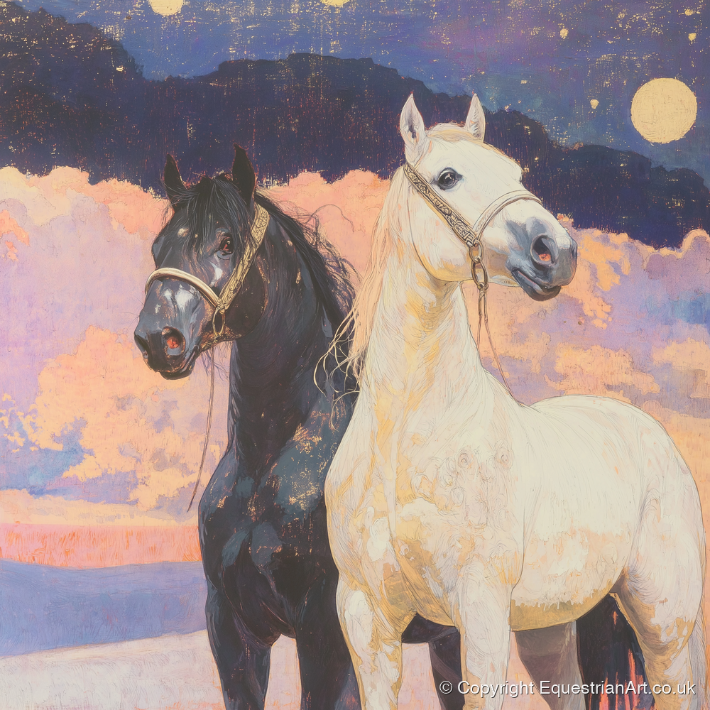 Midnight and Dawn - horse landscape art print and canvas by Isobel Hawthorn A.I