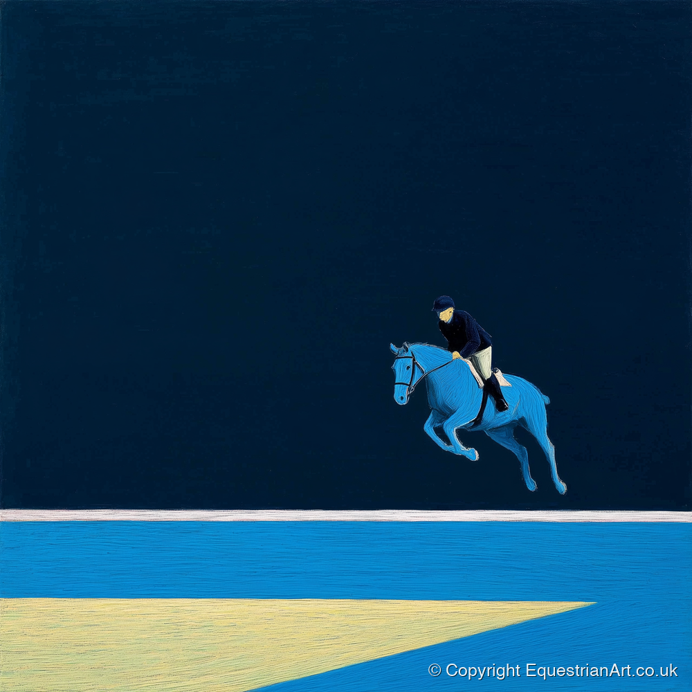 Midnight Blue Suspension - show jumping horse art print and canvas by Malcolm Hastings A.I